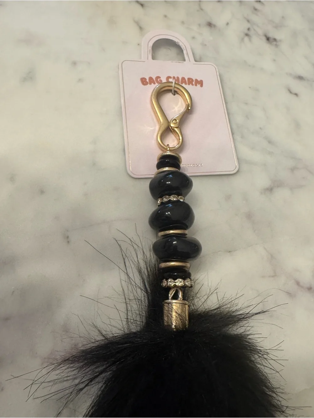 NWT Anthropologie Faux Fur Beaded Bag Charm in Black